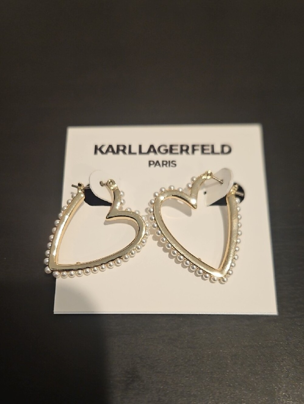 Karl Lagerfeld Gold Heart Hoop Earrings with Pearl Trim New